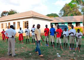 Blind students learning to use their white canes.